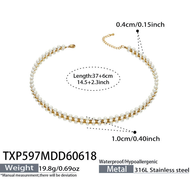 Stainless Steel necklace bracelet set Plated with 18K Gold pearl jewelry for women