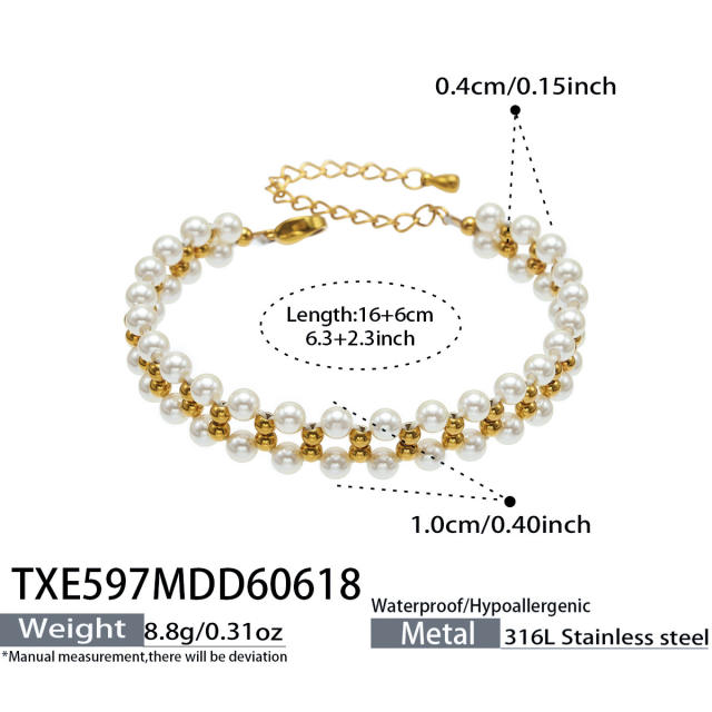 Stainless Steel necklace bracelet set Plated with 18K Gold pearl jewelry for women