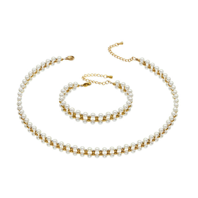 Stainless Steel necklace bracelet set Plated with 18K Gold pearl jewelry for women