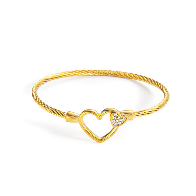 Heart-Shaped Diamond-Encrusted Steel Wire Rope Bracelet 18KG stainless steel bangle