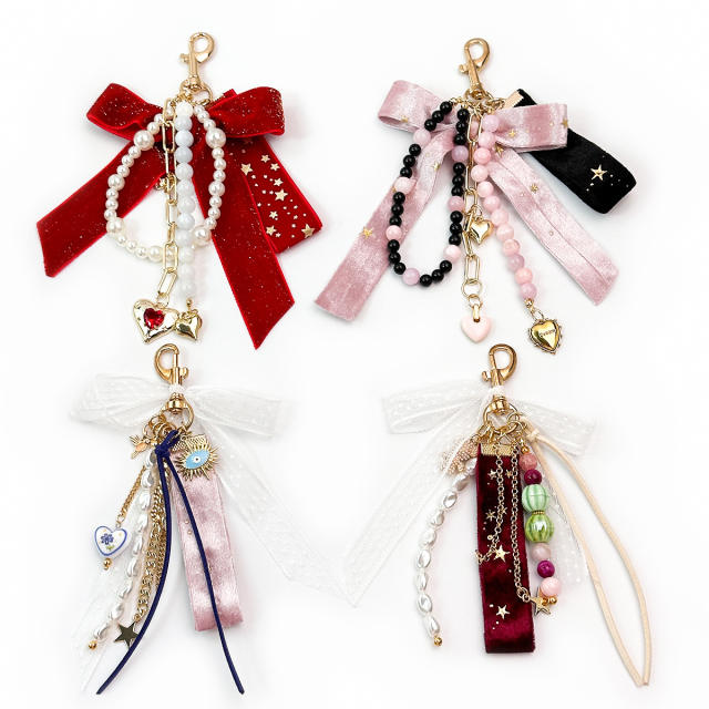 Vintage Burgundy Velvet Bow Bag Charm Ins Sweet Pearl Chain Heart Pendant Versatile Handbag