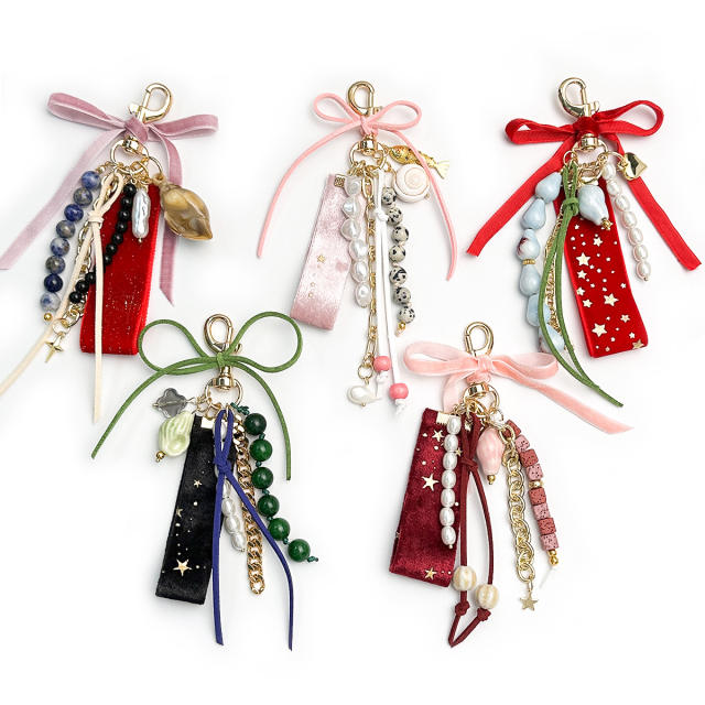 Velvet Bow Star Bag Pendant Pearl Beaded Keychain Vintage Girly Heart Bag Charm Wholesale