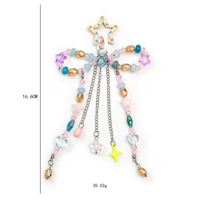 Ins Dreamy Colorful Crystal Bow Bag Charm Hollow Five-Pointed Star Tassel Chain Pendant