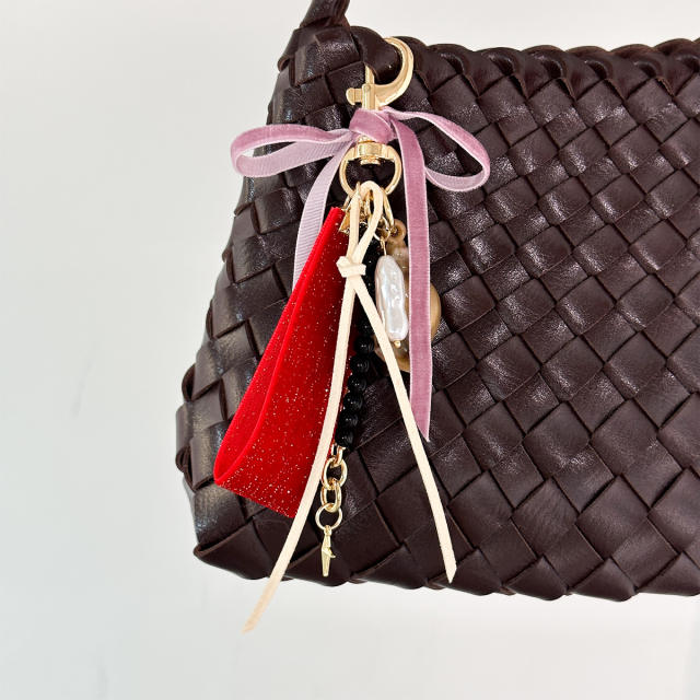 Velvet Bow Star Bag Pendant Pearl Beaded Keychain Vintage Girly Heart Bag Charm Wholesale