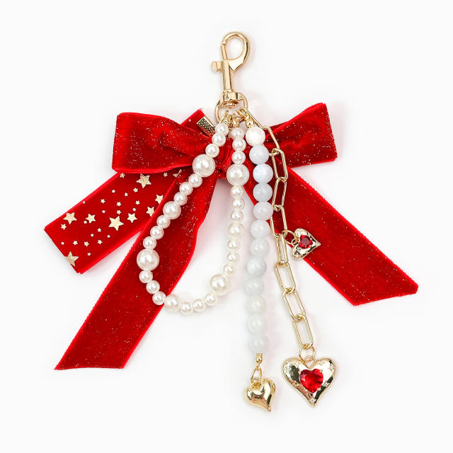 Vintage Burgundy Velvet Bow Bag Charm Ins Sweet Pearl Chain Heart Pendant Versatile Handbag