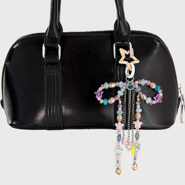 Ins Dreamy Colorful Crystal Bow Bag Charm Hollow Five-Pointed Star Tassel Chain Pendant