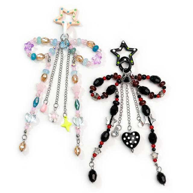 Ins Dreamy Colorful Crystal Bow Bag Charm Hollow Five-Pointed Star Tassel Chain Pendant