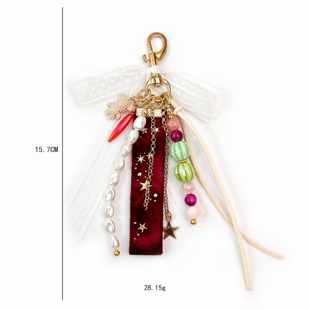 Vintage Burgundy Velvet Bow Bag Charm Ins Sweet Pearl Chain Heart Pendant Versatile Handbag
