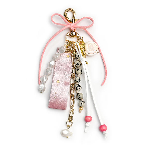 Velvet Bow Star Bag Pendant Pearl Beaded Keychain Vintage Girly Heart Bag Charm Wholesale