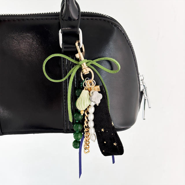 Velvet Bow Star Bag Pendant Pearl Beaded Keychain Vintage Girly Heart Bag Charm Wholesale