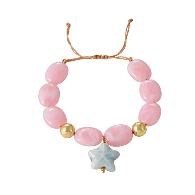 Boho colorful resin bead stainless steel sun heart conch pendant bracelet for women