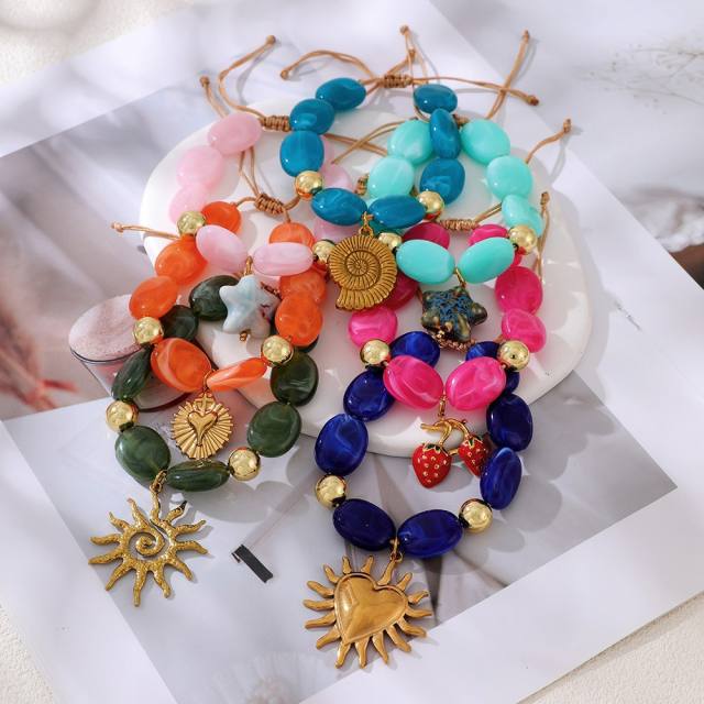 Boho colorful resin bead stainless steel sun heart conch pendant bracelet for women
