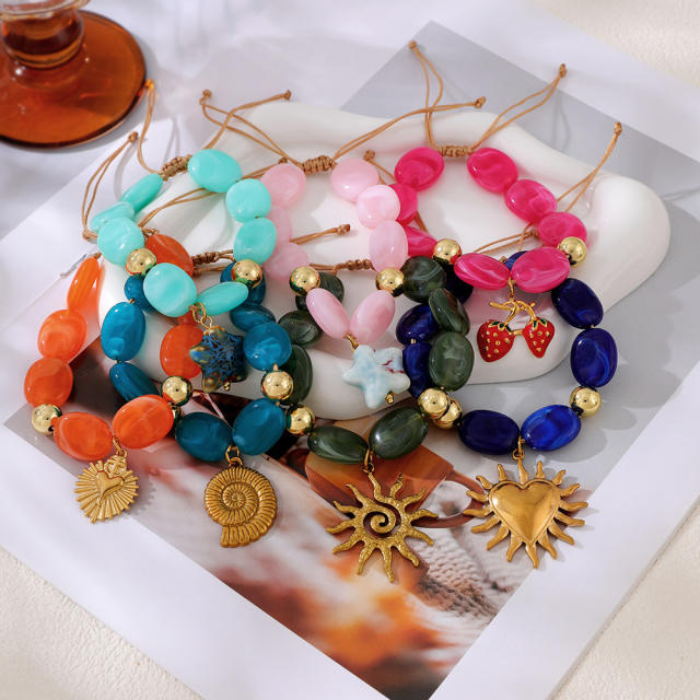 Boho colorful resin bead stainless steel sun heart conch pendant bracelet for women