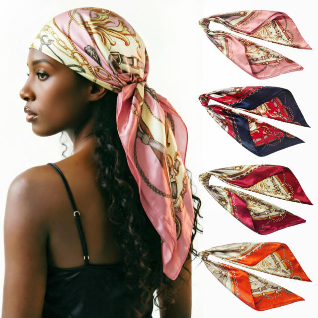 Vintage flower pattern 90cm satin sqaure scarf headscarf for women