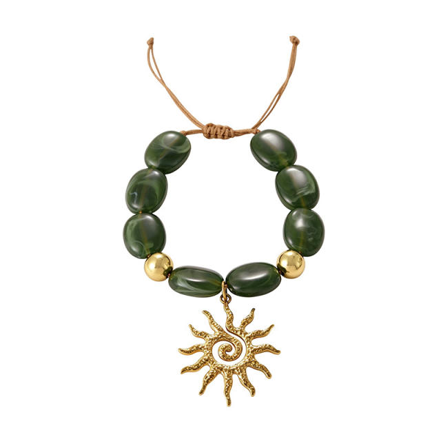 Boho colorful resin bead stainless steel sun heart conch pendant bracelet for women