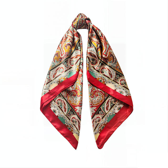 Vintage satin square scarf for women 90cm paisley pattern headscarf
