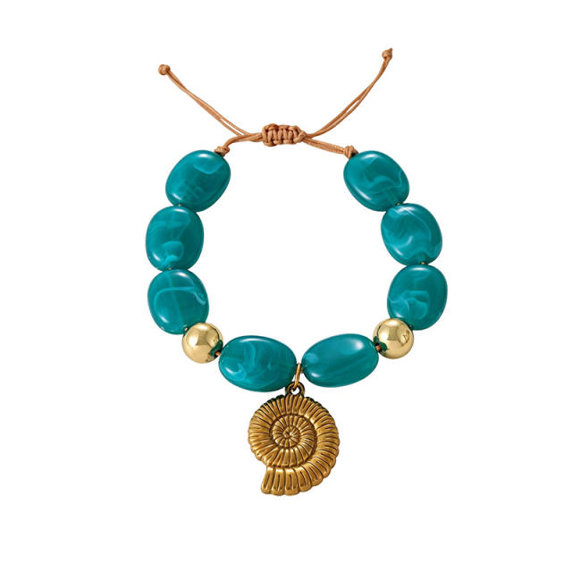 Boho colorful resin bead stainless steel sun heart conch pendant bracelet for women