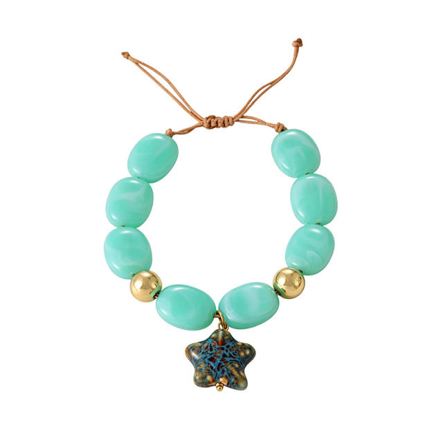 Boho colorful resin bead stainless steel sun heart conch pendant bracelet for women