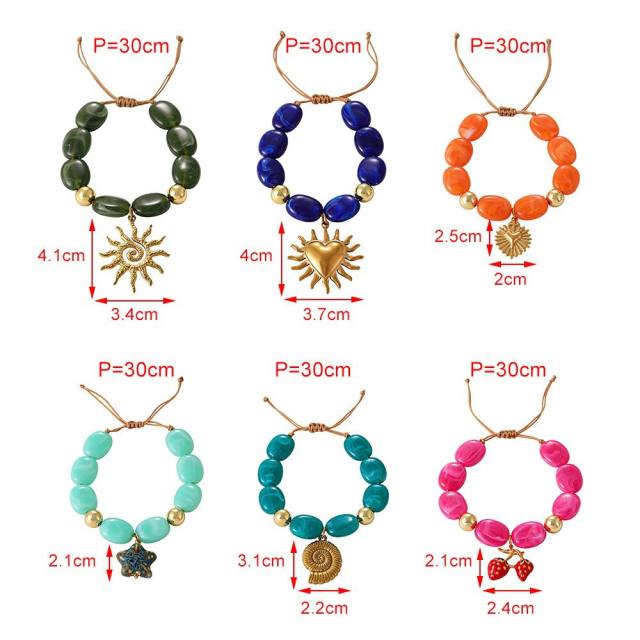 Boho colorful resin bead stainless steel sun heart conch pendant bracelet for women