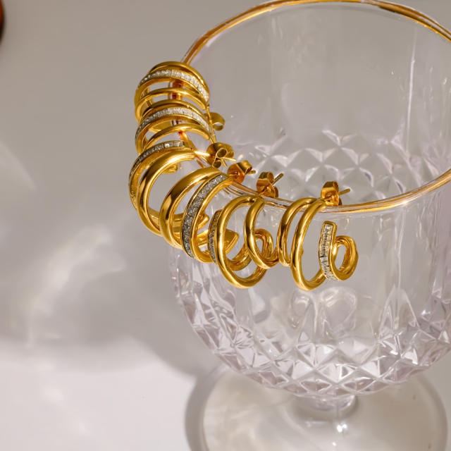 Fashion Diamond-Encrusted C-Shaped Stainless Steel Earrings