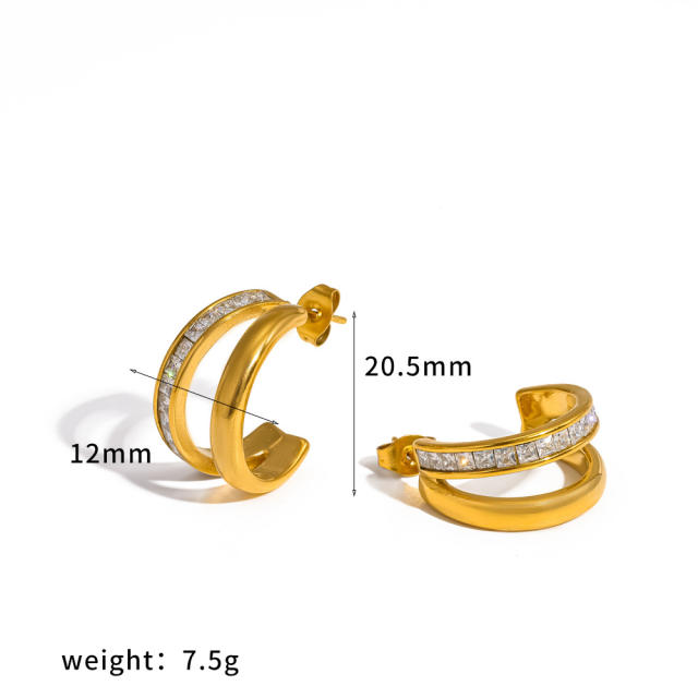 Fashion Diamond-Encrusted C-Shaped Stainless Steel Earrings