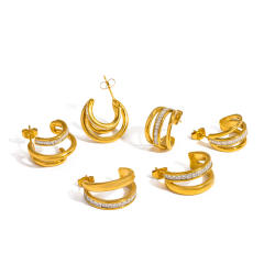 Fashion Diamond-Encrusted C-Shaped Stainless Steel Earrings