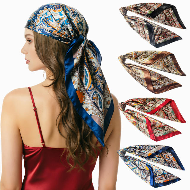 Vintage satin square scarf for women 90cm paisley pattern headscarf