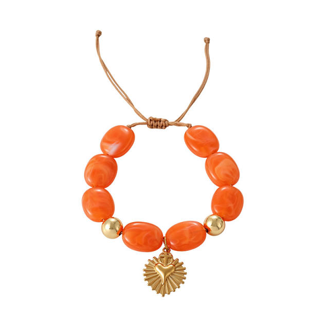 Boho colorful resin bead stainless steel sun heart conch pendant bracelet for women