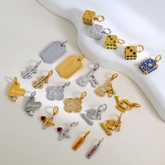 Stainless Steel Lucky Card Dice Four-Leaf Clover Graduation Cap Pendant DIY Pendant Vacuum Electroplating 18K Gold