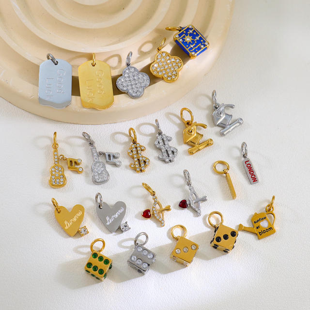 Stainless Steel Lucky Card Dice Four-Leaf Clover Graduation Cap Pendant DIY Pendant Vacuum Electroplating 18K Gold