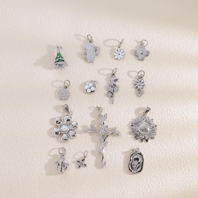 Hot Selling Silver Plant Series Flower Style Stainless Steel Jewelry Accessories DIY Necklace Bracelet Pendant
