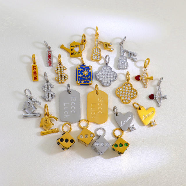 Stainless Steel Lucky Card Dice Four-Leaf Clover Graduation Cap Pendant DIY Pendant Vacuum Electroplating 18K Gold