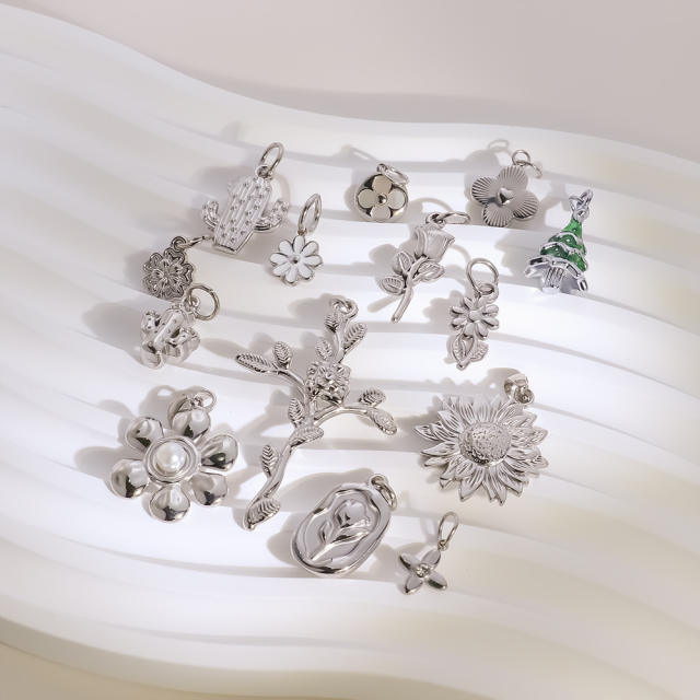 Hot Selling Silver Plant Series Flower Style Stainless Steel Jewelry Accessories DIY Necklace Bracelet Pendant