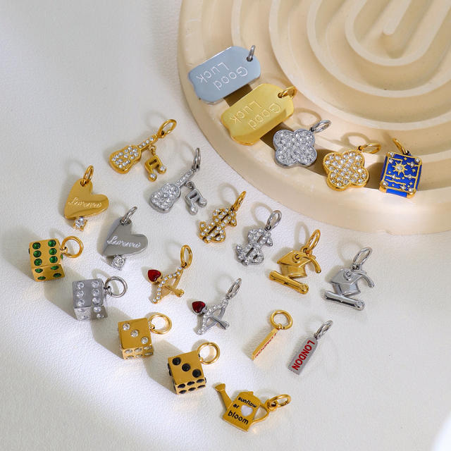 Stainless Steel Lucky Card Dice Four-Leaf Clover Graduation Cap Pendant DIY Pendant Vacuum Electroplating 18K Gold