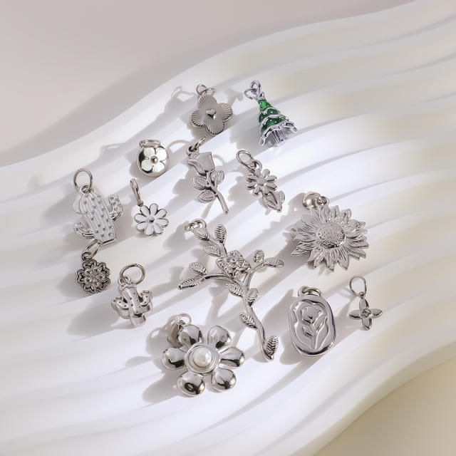 Hot Selling Silver Plant Series Flower Style Stainless Steel Jewelry Accessories DIY Necklace Bracelet Pendant