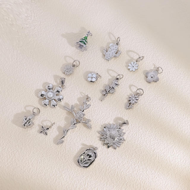 Hot Selling Silver Plant Series Flower Style Stainless Steel Jewelry Accessories DIY Necklace Bracelet Pendant