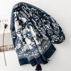 Retro Ethnic Style Floral Geometric Print Tassel Scarf with Wooden Beads