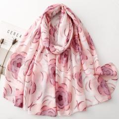 French Satin Patterned Scarf with Clematis Print Cotton and Linen Large Size Scarf
