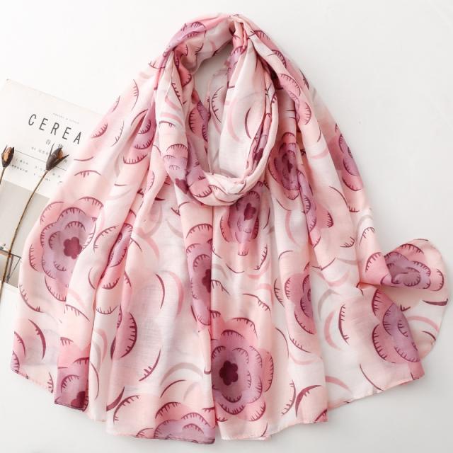 French Satin Patterned Scarf with Clematis Print Cotton and Linen Large Size Scarf