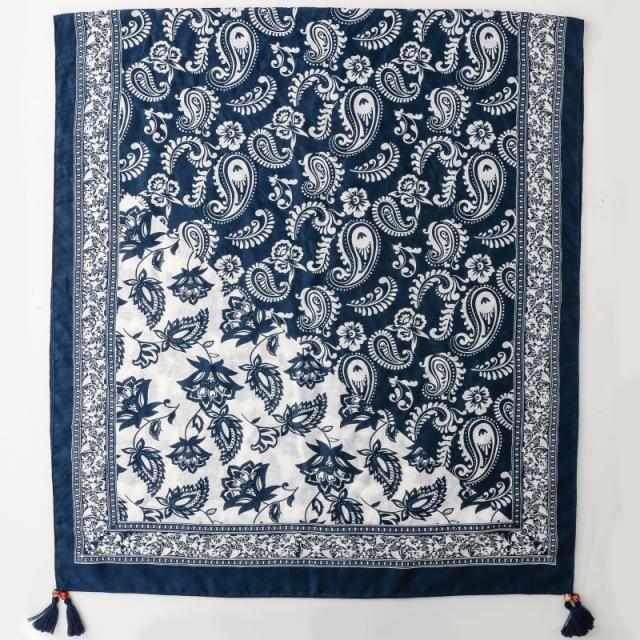 Retro Ethnic Style Floral Geometric Print Tassel Scarf with Wooden Beads