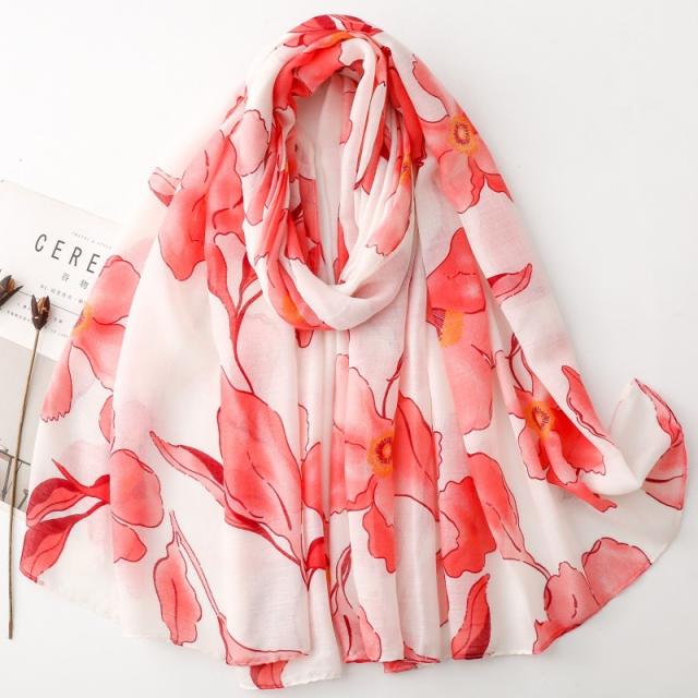 French Satin Patterned Pear Flower Printed Scarf