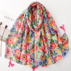 Ethnic Style Floral Print Scarf Soft Tassel Holiday Shawl for All Seasons