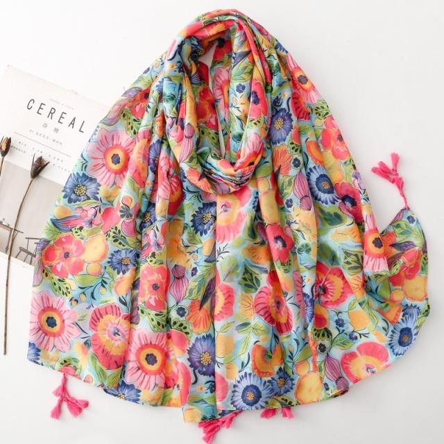 Ethnic Style Floral Print Scarf Soft Tassel Holiday Shawl for All Seasons