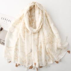 French-Style Black and White Floral Line Print Tassel Scarf