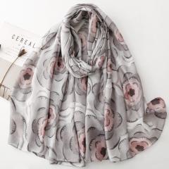 French Satin Patterned Scarf with Clematis Print Cotton and Linen Large Size Scarf