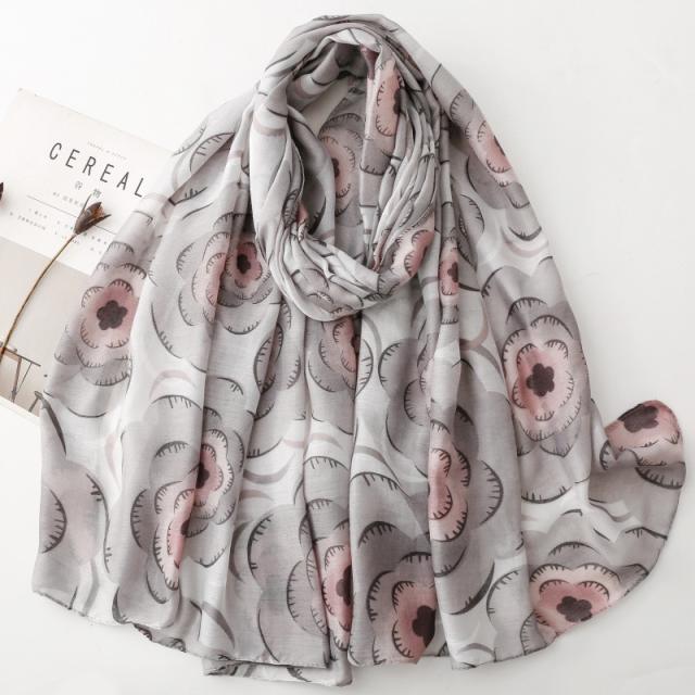 French Satin Patterned Scarf with Clematis Print Cotton and Linen Large Size Scarf