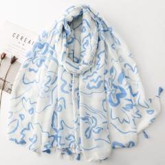 French-Style Black and White Floral Line Print Tassel Scarf