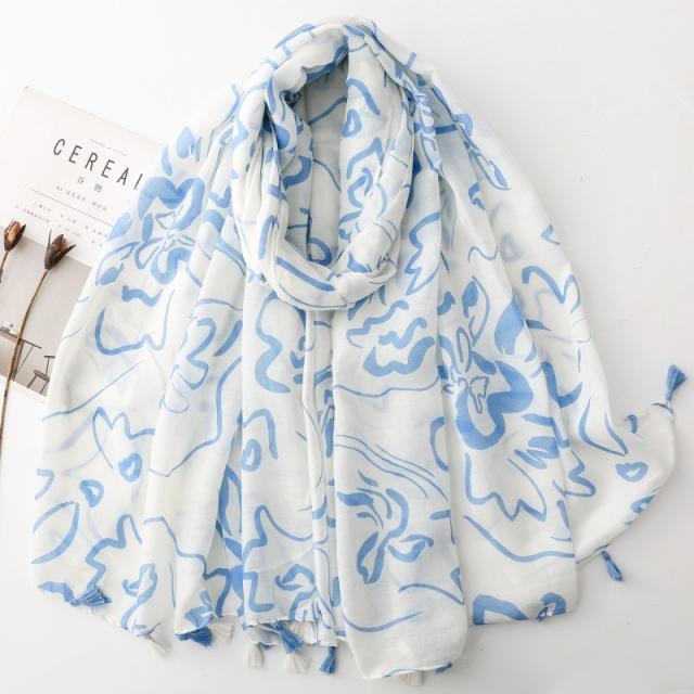 French-Style Black and White Floral Line Print Tassel Scarf