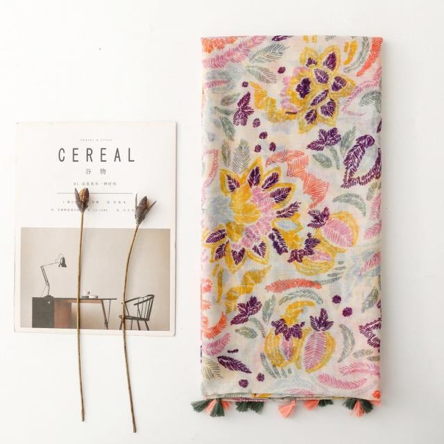 Gentle Colorful Floral Print Tassel Scarf Spring and Summer Sun Protection Travel Shawl