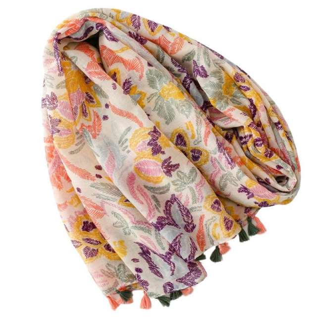 Gentle Colorful Floral Print Tassel Scarf Spring and Summer Sun Protection Travel Shawl